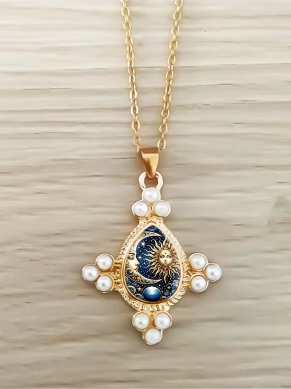 Gold Sun & Moon Pearl Pendant Necklace in Blue